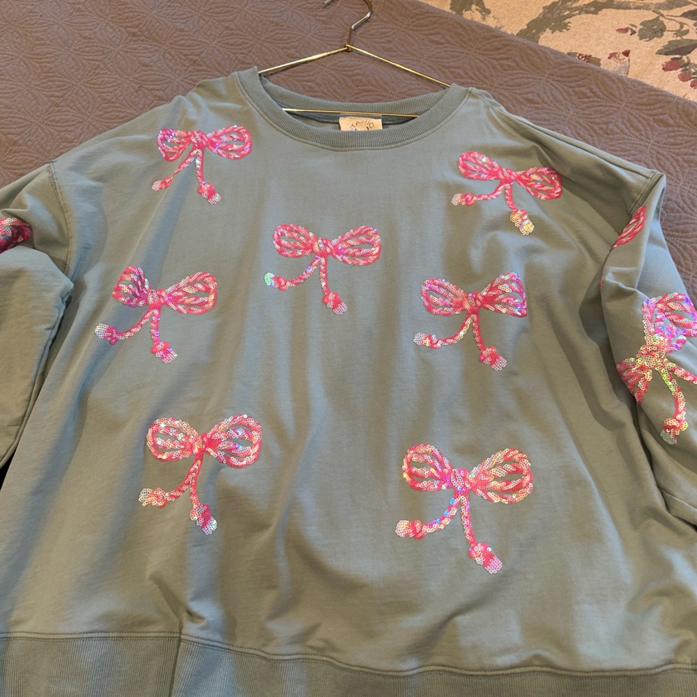 Mint Green Sweatshirt with Pink Bow Accents